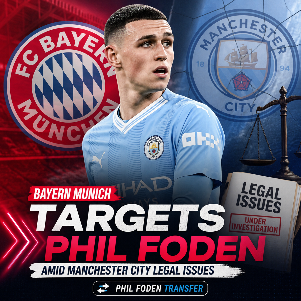 Phil Foden in Manchester City's blue kit during a match, linked to Bayern Munich amidst legal issues.