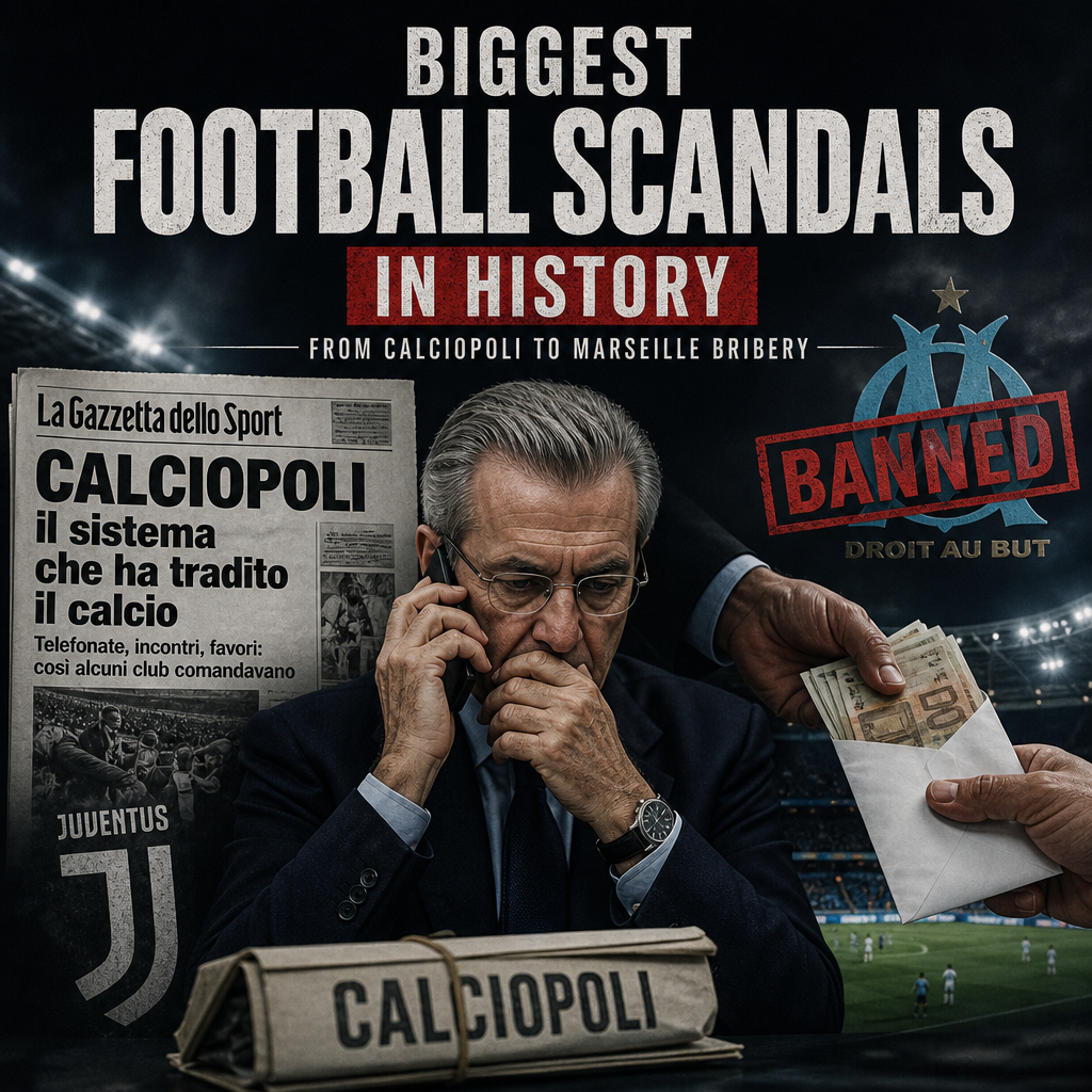 Collage of football scandal headlines and images highlighting Calciopoli and Marseille bribery cases.