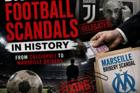 Montage of major football scandals including Calciopoli and Marseille bribery with blurred players and logos.