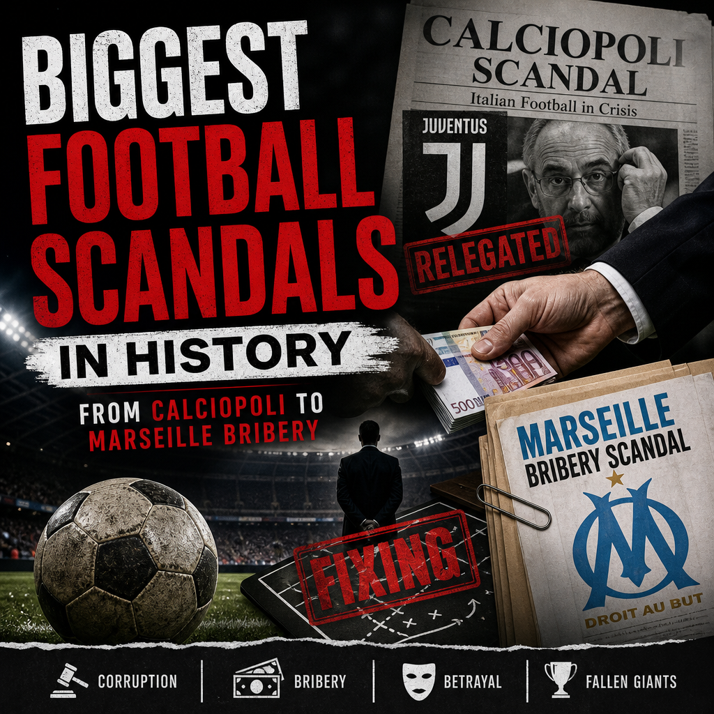 Montage of major football scandals including Calciopoli and Marseille bribery with blurred players and logos.