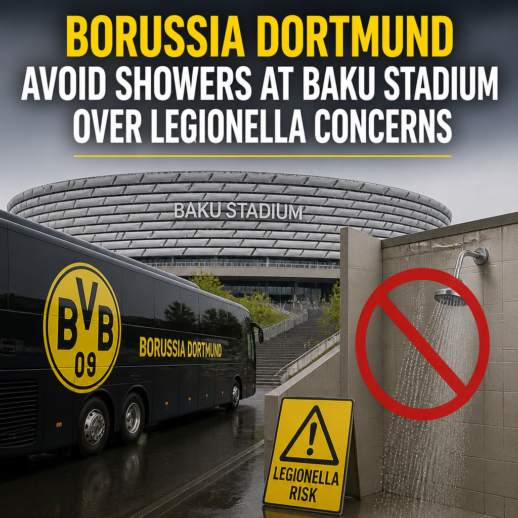 Borussia Dortmund warns players to avoid showers at Baku Stadium due to Legionella bacteria risk.
