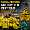 Borussia Dortmund players avoiding showers at Baku Stadium due to Legionella bacteria health risk warning.
