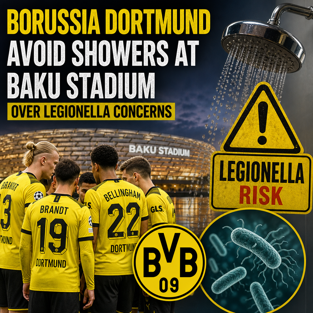 Borussia Dortmund players avoiding showers at Baku Stadium due to Legionella bacteria health risk warning.