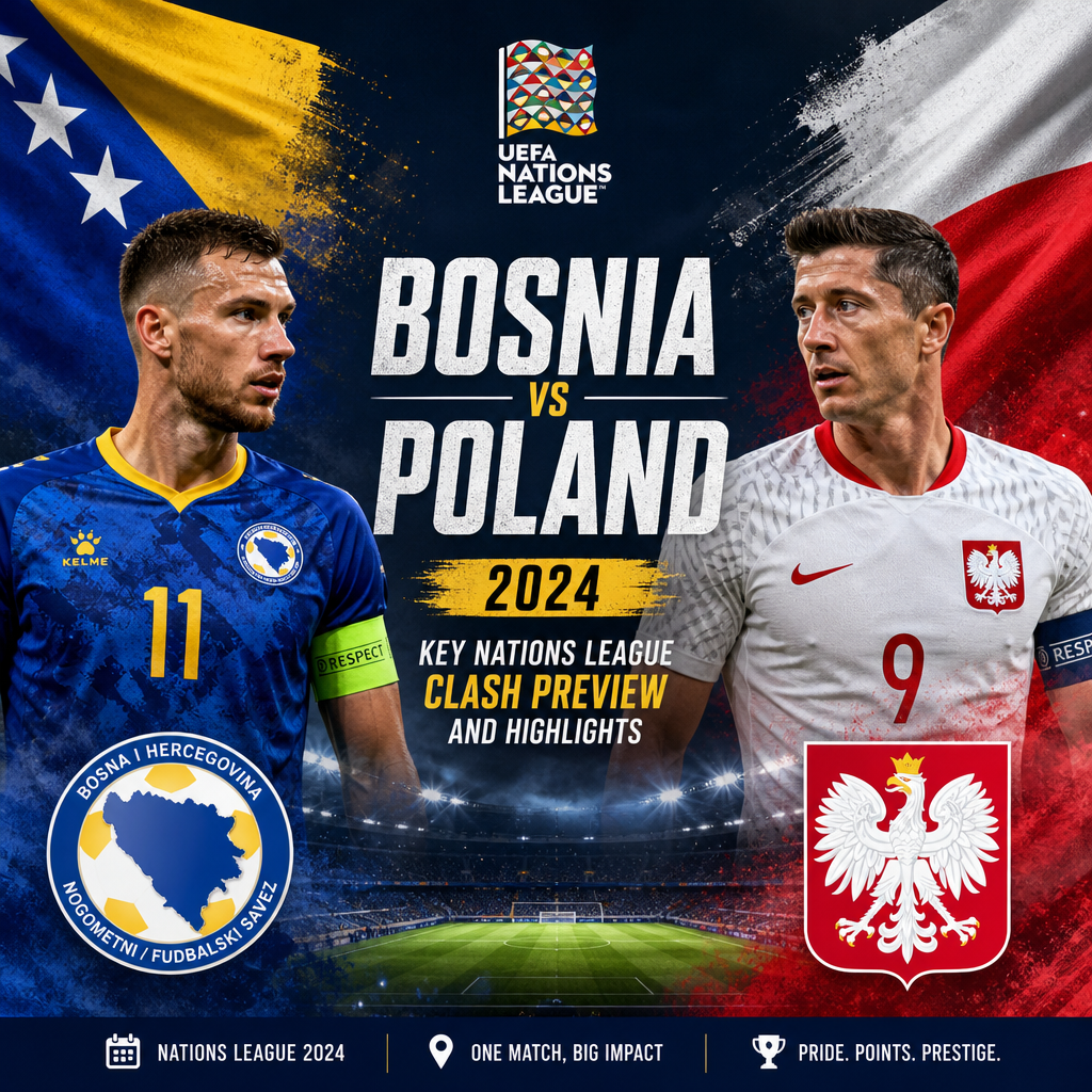 Graphic preview of Bosnia vs Poland UEFA Nations League 2024 match with team flags and key match details.
