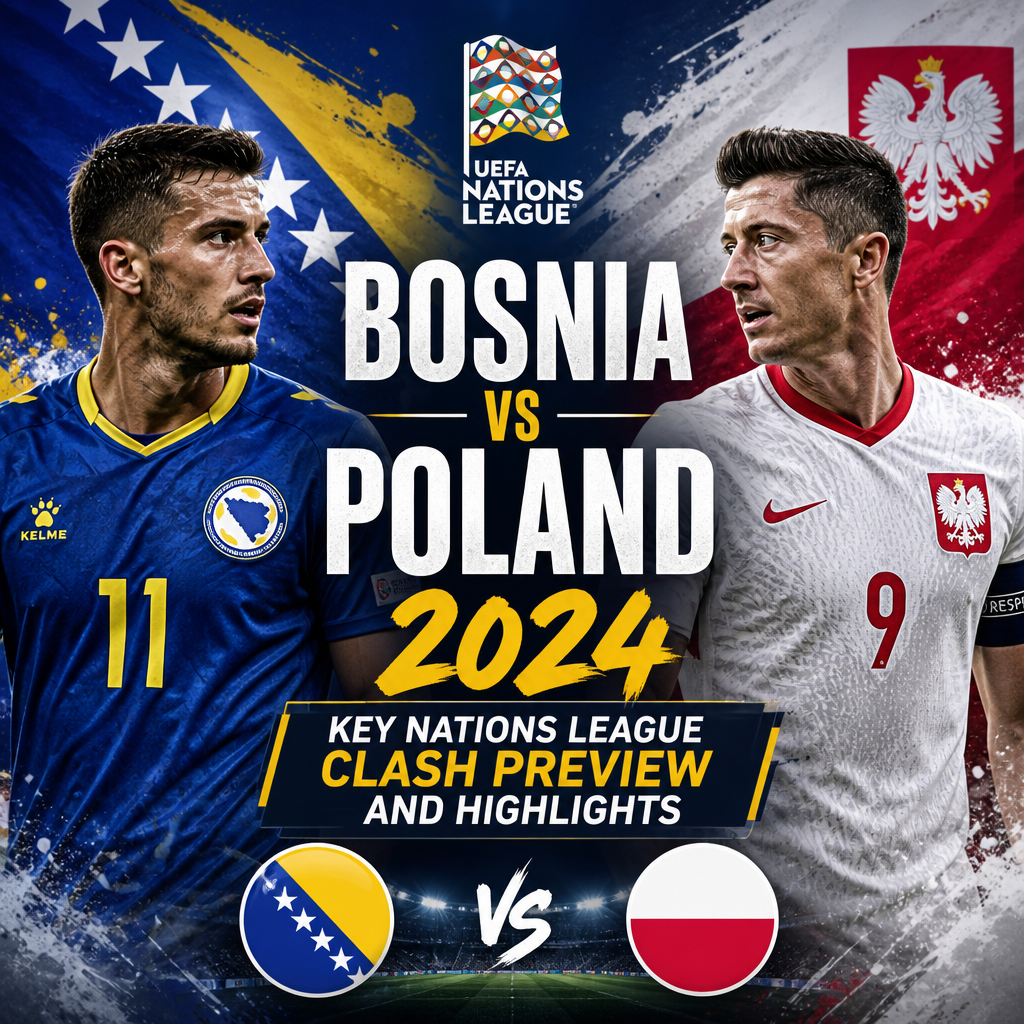 Bosnia and Poland national football teams lined up on the pitch before their UEFA Nations League 2024 match.