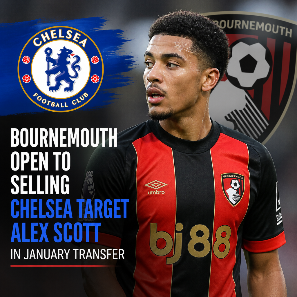Bournemouth midfielder Alex Scott dribbling the ball during a match, transfer target for Chelsea.