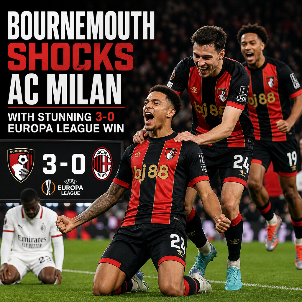 Bournemouth players celebrate a goal as they lead 3-0 against AC Milan in the Europa League match.