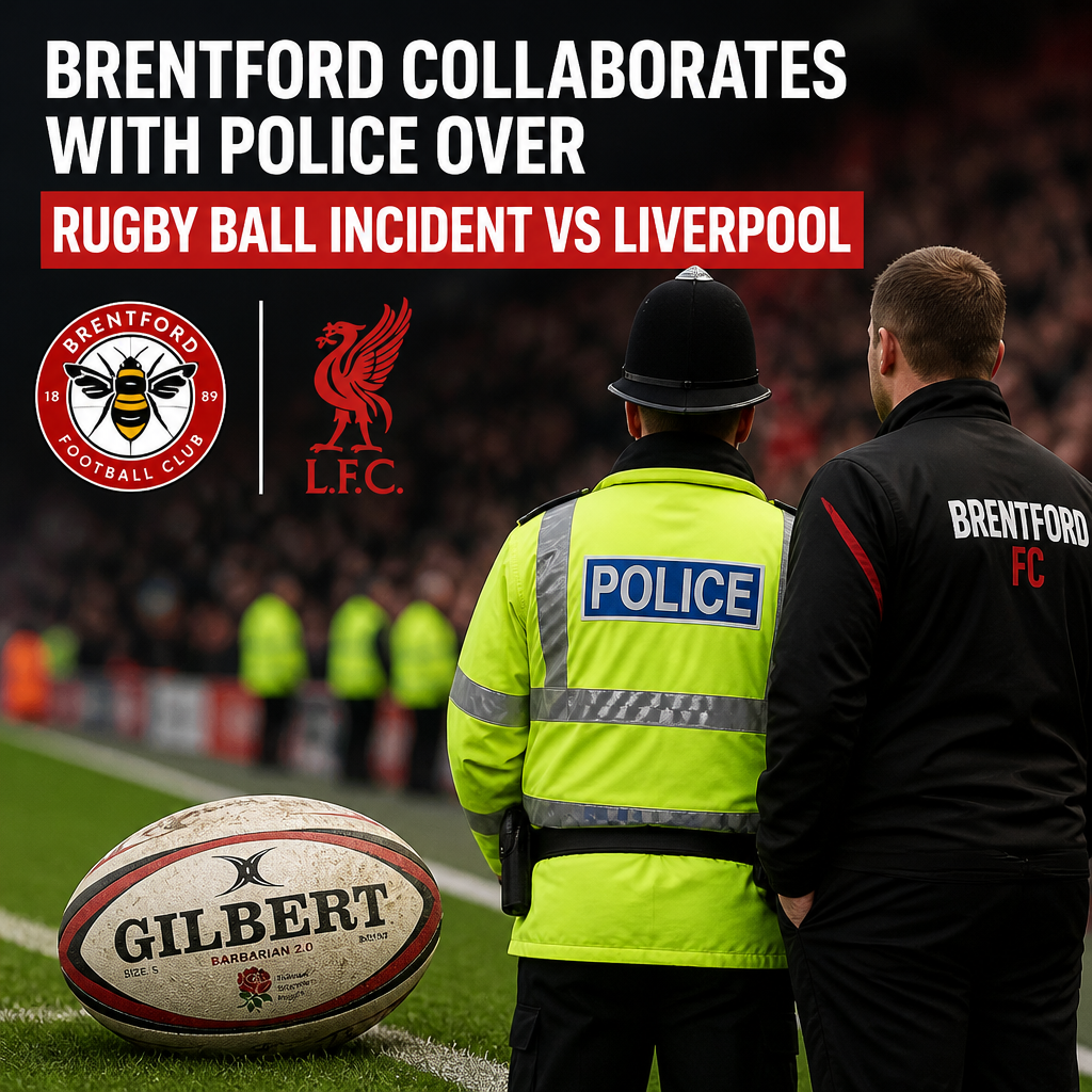Brentford players and police discuss after a rugby ball was thrown onto the pitch during a match against Liverpool.