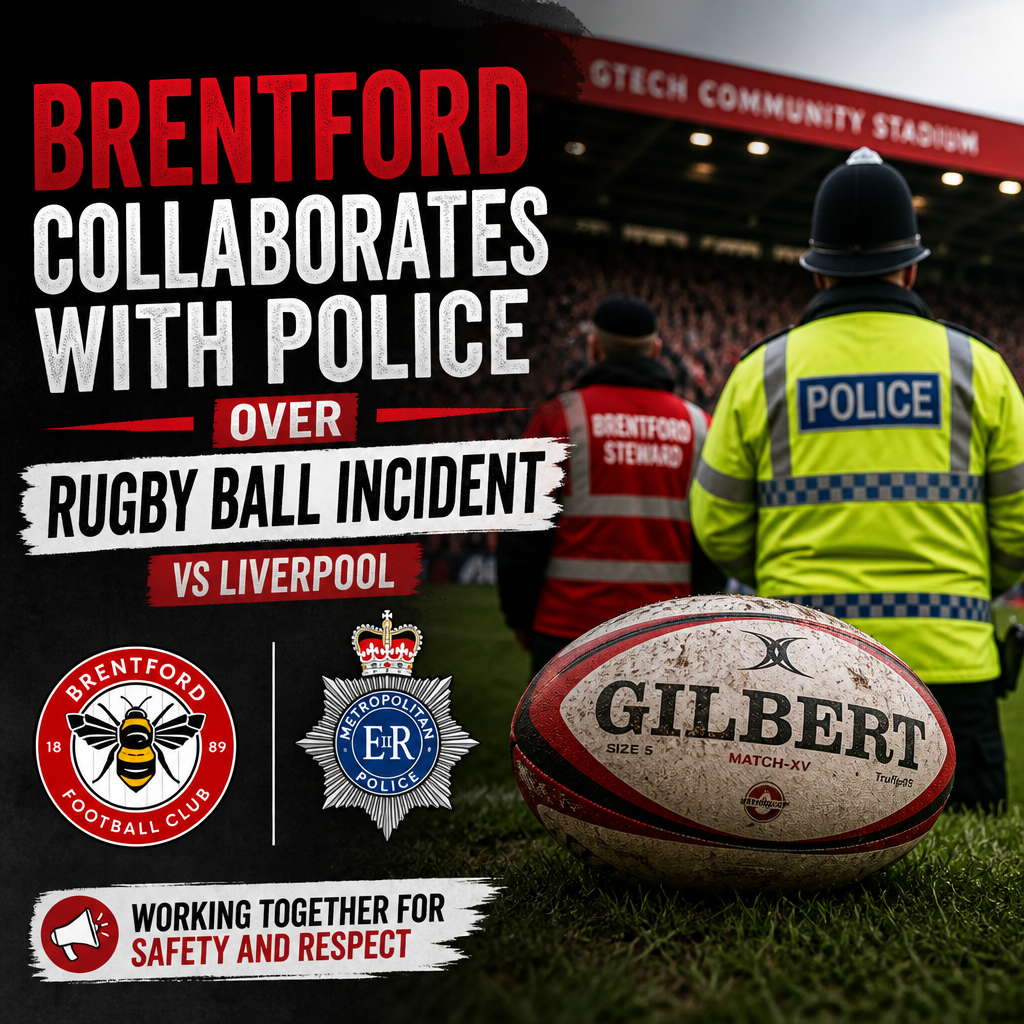 Police officers and Brentford staff talking on the football pitch during a match against Liverpool.