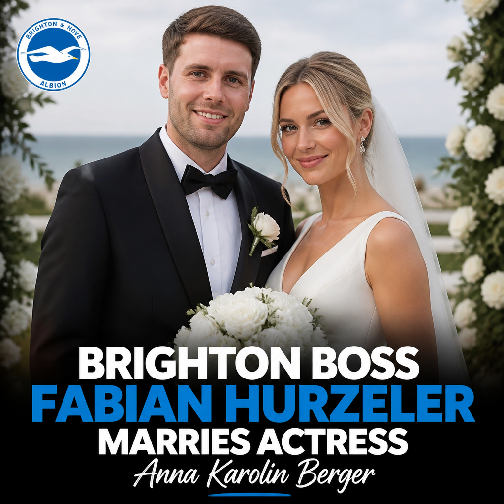 Brighton boss Fabian Hurzeler and actress Anna Karolin Berger smile outdoors at their wedding ceremony.