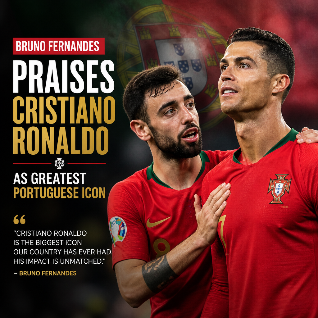 Bruno Fernandes speaking in front of microphones, praising Cristiano Ronaldo as the greatest Portuguese footballer.