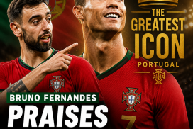Bruno Fernandes smiling and gesturing while praising Cristiano Ronaldo as the greatest Portuguese football player.