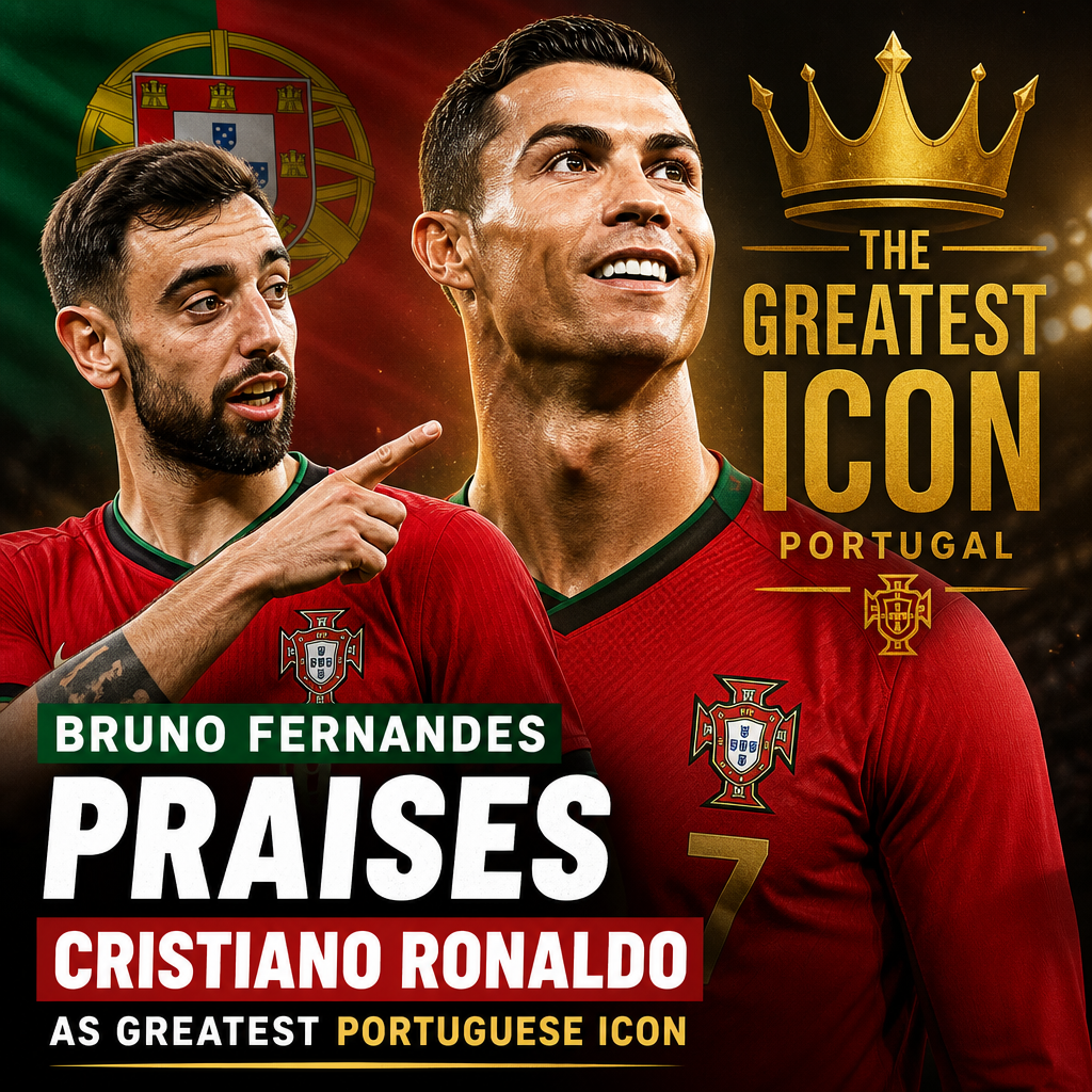 Bruno Fernandes smiling and gesturing while praising Cristiano Ronaldo as the greatest Portuguese football player.