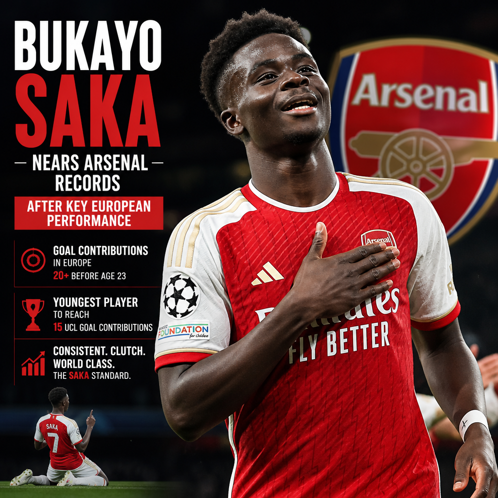 Bukayo Saka celebrating a goal for Arsenal, nearing records for European goal contributions before age 23.