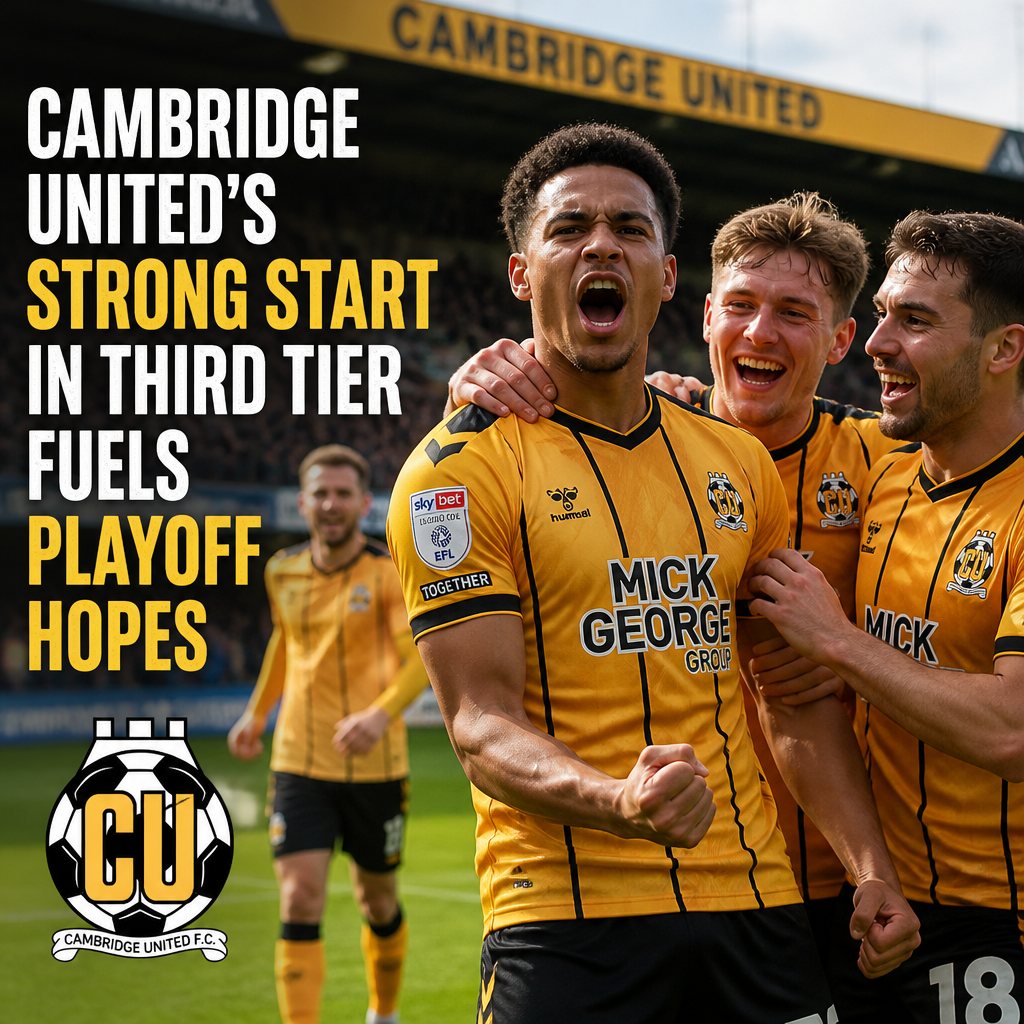 Cambridge United football players celebrating a goal during a match, showing excitement and team spirit.