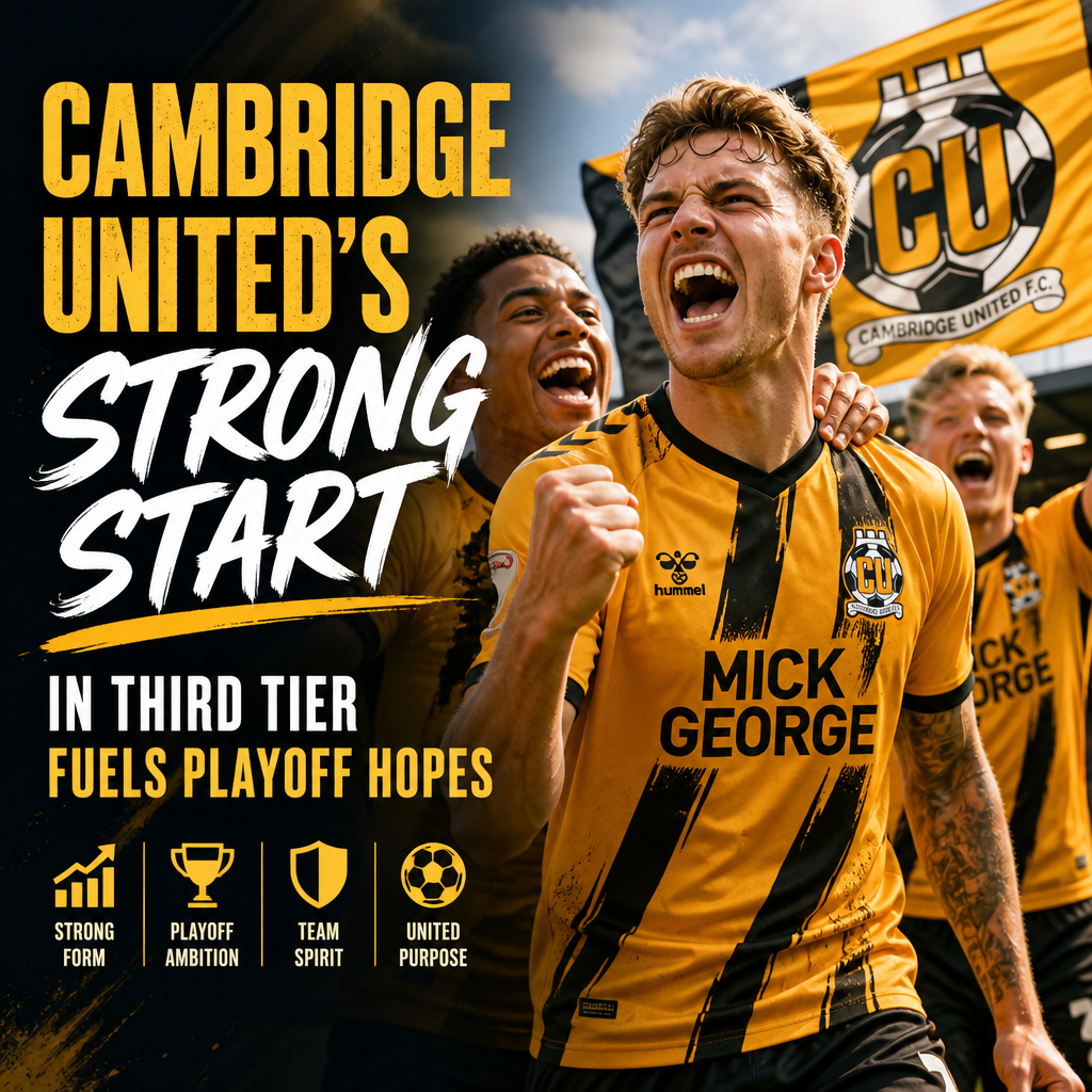 Cambridge United players celebrating a goal, showing team spirit during a third-tier playoff match.