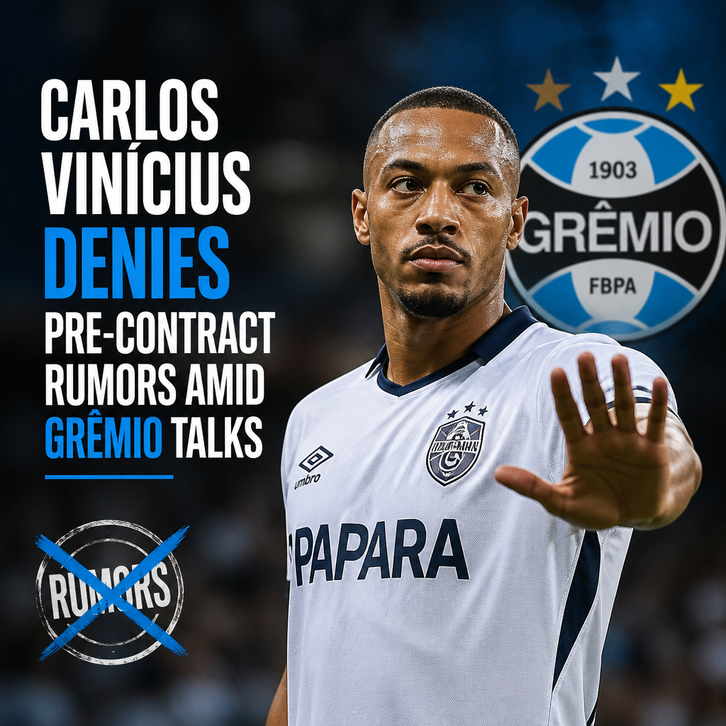 Carlos Vinícius in a blue jersey during a match, denying transfer rumors amid Grêmio talks.