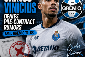 Carlos Vinícius gestures during a press conference denying pre-contract rumors amid Grêmio transfer talks.