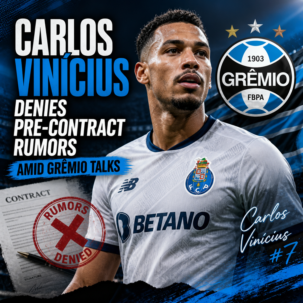 Carlos Vinícius gestures during a press conference denying pre-contract rumors amid Grêmio transfer talks.