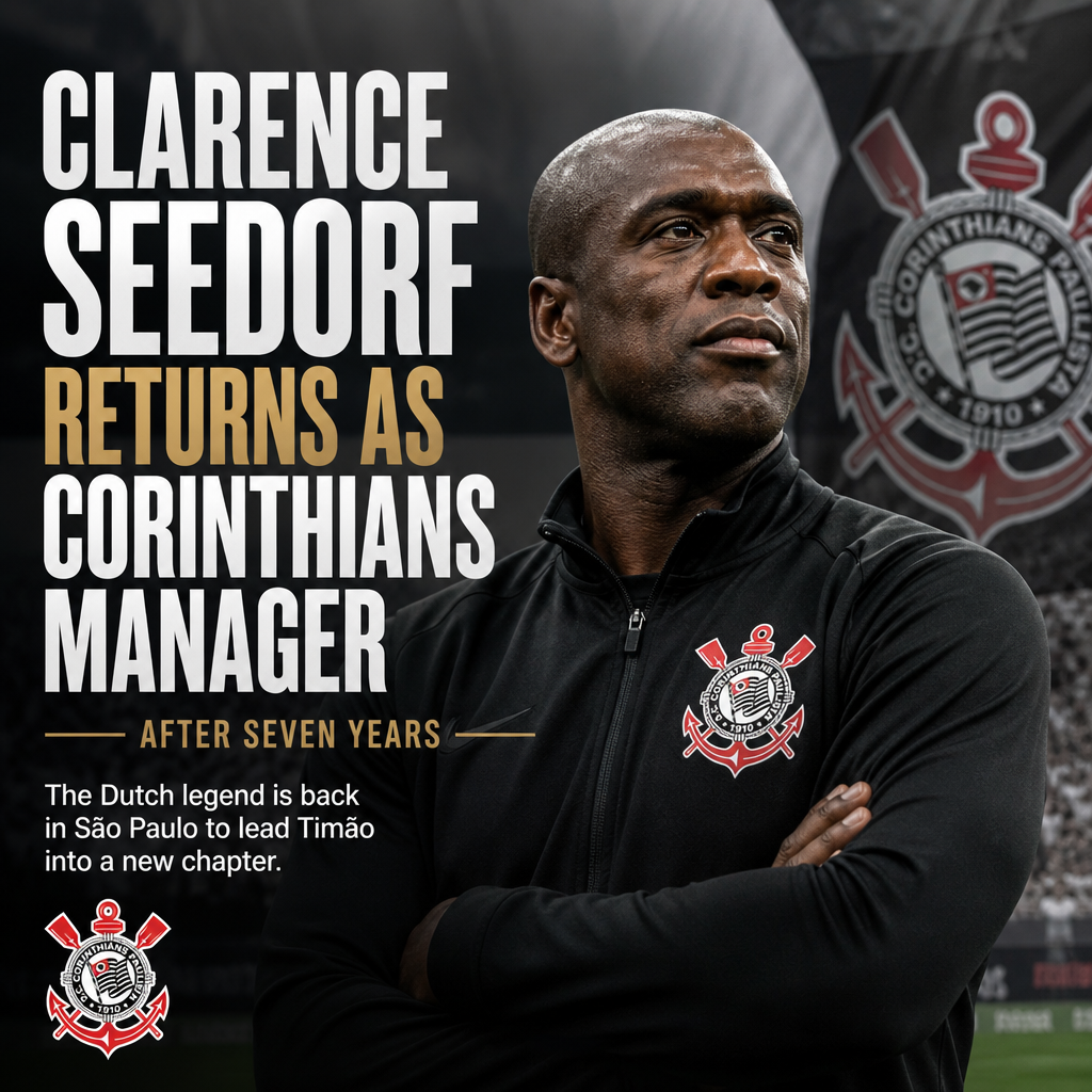 Clarence Seedorf smiling and wearing a Corinthians jacket during a press conference as the team's manager.
