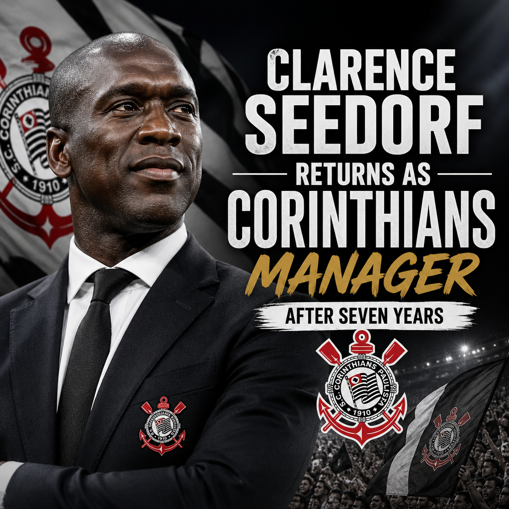 Clarence Seedorf smiling in a suit with Corinthians logo, announcing his return as manager after seven years.