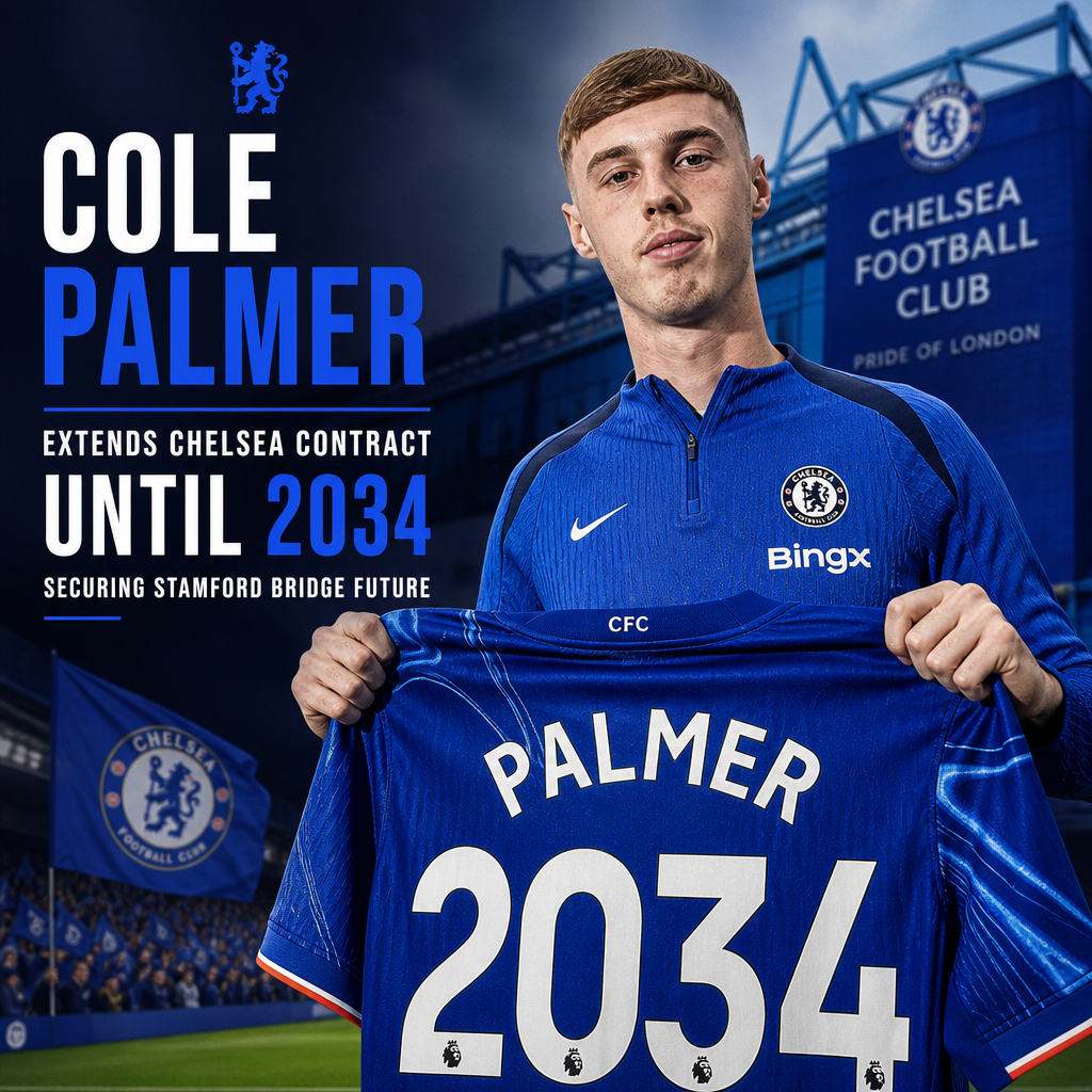 Cole Palmer signing a contract at Stamford Bridge, celebrating his extension with Chelsea until 2034.