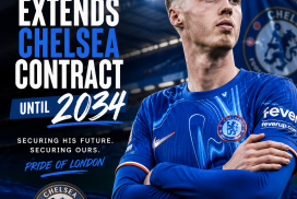 Cole Palmer signing a contract, extending his Chelsea FC stay until 2034 with club officials.