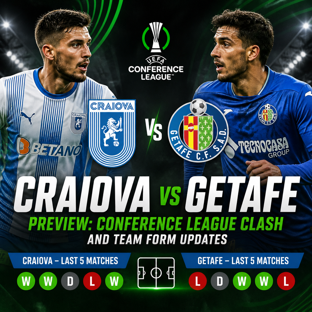 Preview graphic showing Craiova and Getafe team logos, recent match results, and UEFA Conference League details.