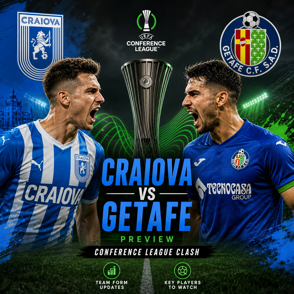 UEFA Conference League preview showing Craiova and Getafe team form, key players, and match details.