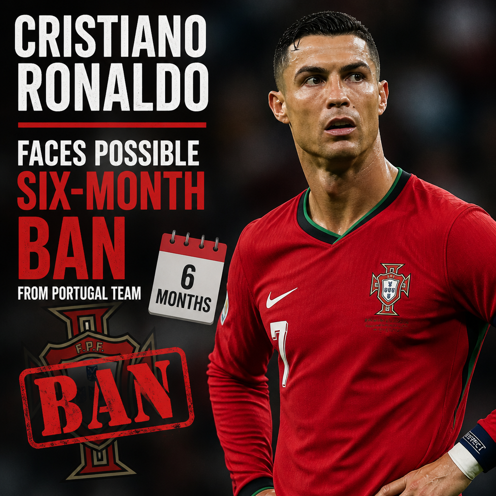 Cristiano Ronaldo looking serious in a Portugal national team jersey during a match.