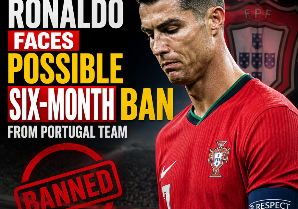 Cristiano Ronaldo wearing Portugal kit, looking serious during a match, possibly facing a six-month ban.