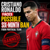 Cristiano Ronaldo wearing Portugal kit, looking serious during a match, possibly facing a six-month ban.