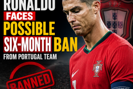 Cristiano Ronaldo wearing Portugal kit, looking serious during a match, possibly facing a six-month ban.