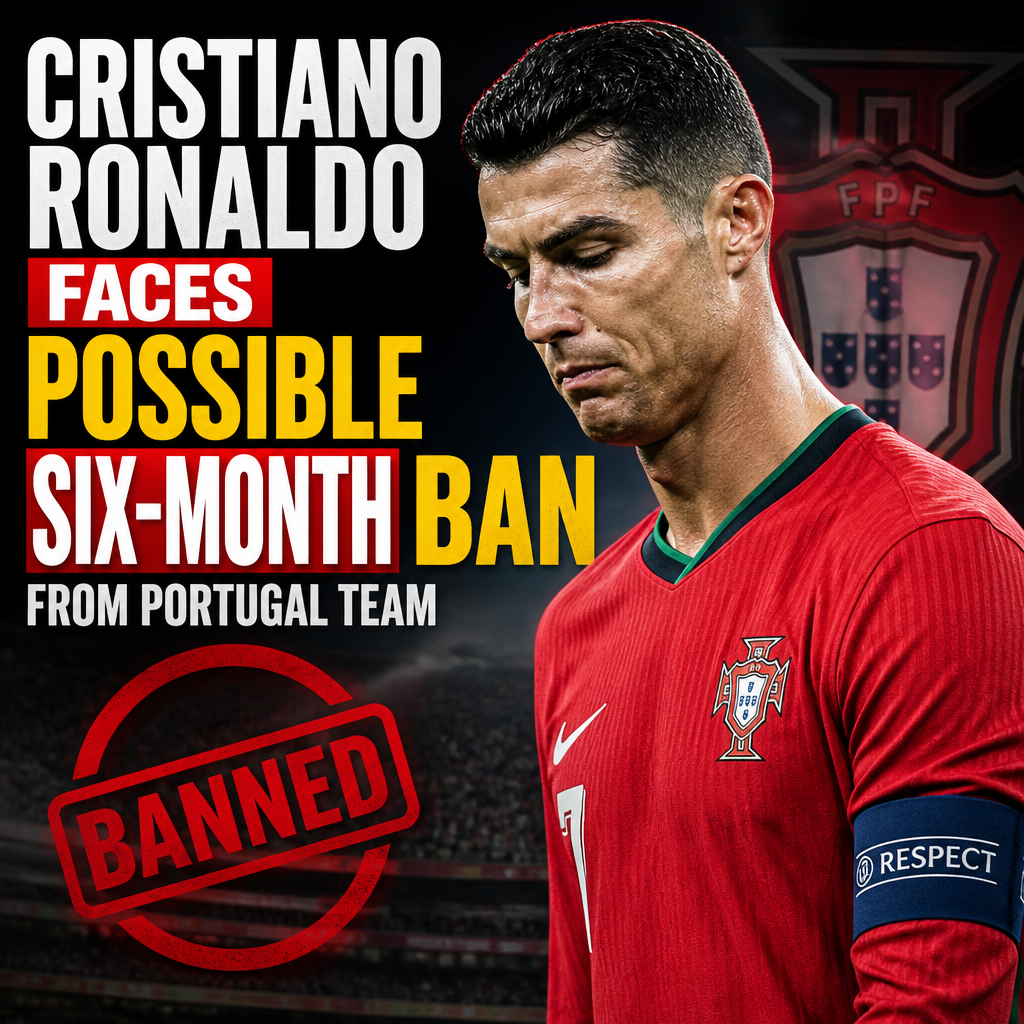 Cristiano Ronaldo wearing Portugal kit, looking serious during a match, possibly facing a six-month ban.