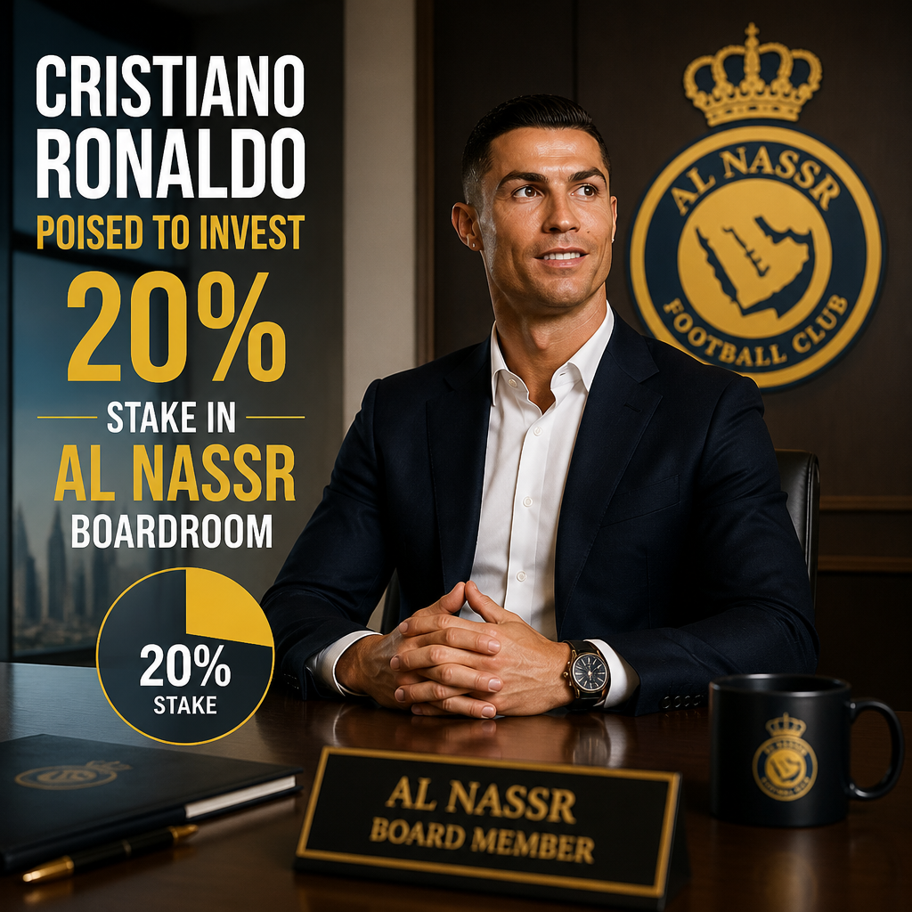 Cristiano Ronaldo sits at a boardroom table ready to invest a 20% stake in Al Nassr Football Club.