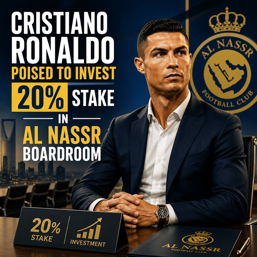 Cristiano Ronaldo sits in Al Nassr boardroom, ready to invest a 20% stake in the football club.
