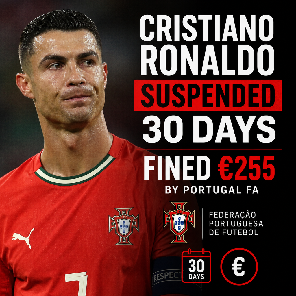 Cristiano Ronaldo looking serious during a match, related to his 30-day suspension and €255 fine.