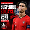 Cristiano Ronaldo looks serious in a red Portugal jersey after a 30-day suspension and €255 fine.