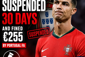 Cristiano Ronaldo looks serious in a red Portugal jersey after a 30-day suspension and €255 fine.