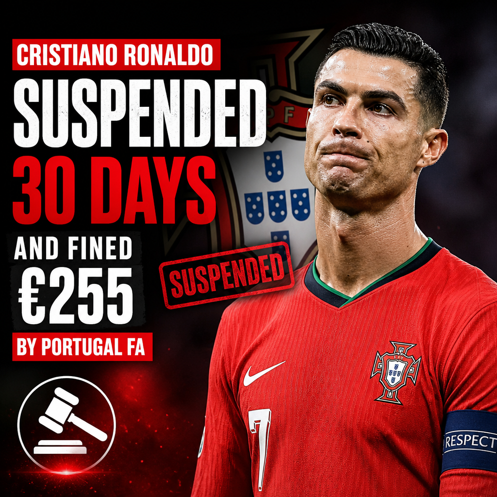 Cristiano Ronaldo looks serious in a red Portugal jersey after a 30-day suspension and €255 fine.
