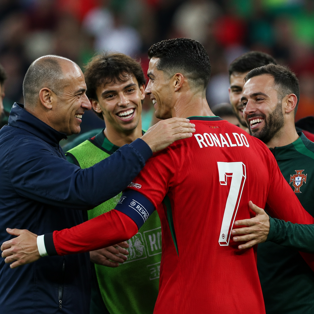 Portuguese soccer players and manager warmly welcome Cristiano Ronaldo during a match celebration.