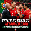 Cristiano Ronaldo smiling as he is warmly greeted by Portugal manager and teammates on the football field.