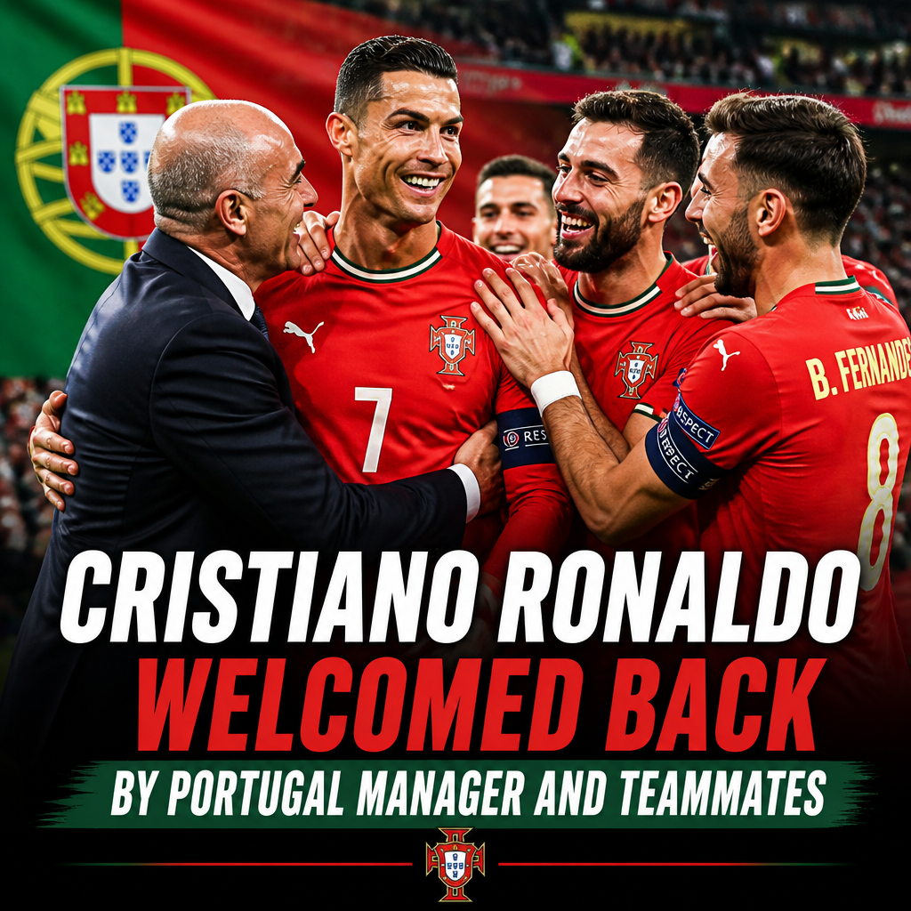 Cristiano Ronaldo smiling as he is warmly greeted by Portugal manager and teammates on the football field.