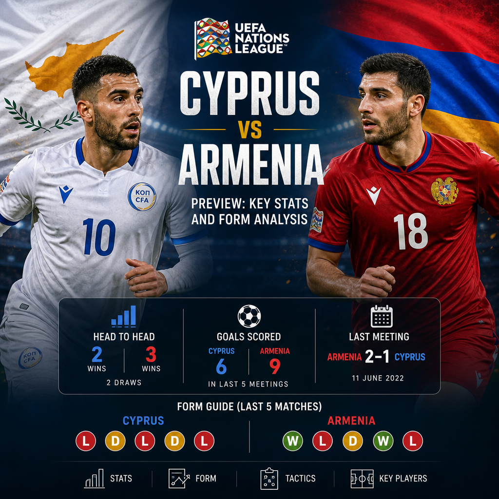 UEFA Nations League preview showing key stats and recent form for Cyprus vs Armenia football match.