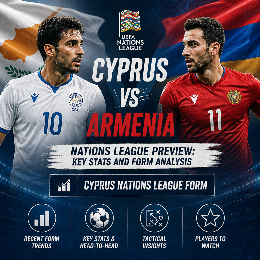 UEFA Nations League preview graphic showing key stats and form for Cyprus vs Armenia football match.