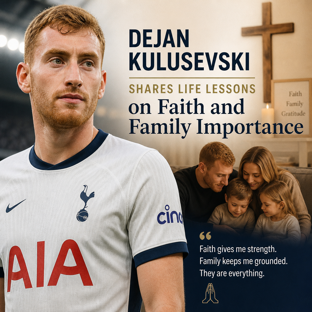 Dejan Kulusevski speaking thoughtfully about faith and family in a warm, indoor setting.