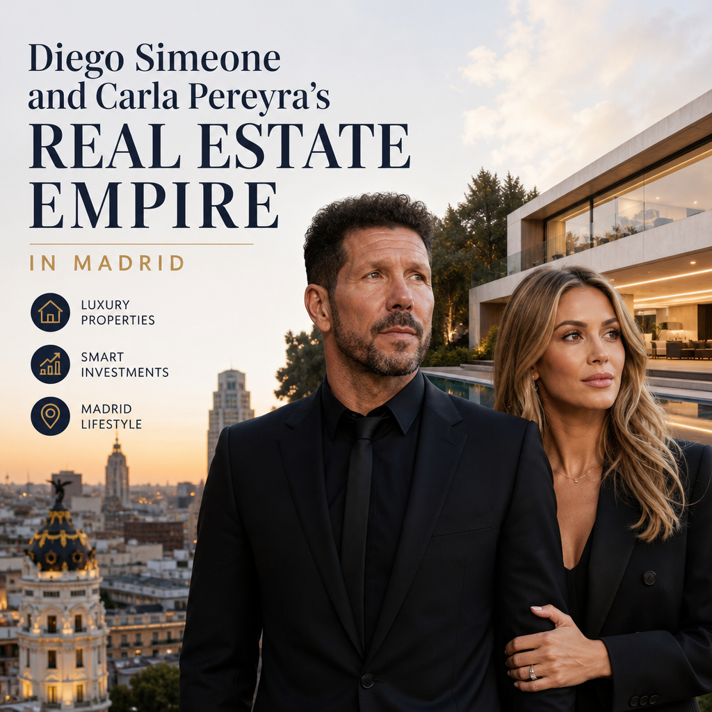 Diego Simeone and Carla Pereyra stand smiling in front of a luxury Madrid property, showcasing their real estate empire.