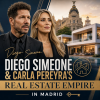 Diego Simeone and Carla Pereyra standing in front of a luxury Madrid property from their real estate empire.