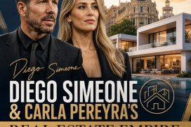 Diego Simeone and Carla Pereyra standing in front of a luxury Madrid property from their real estate empire.