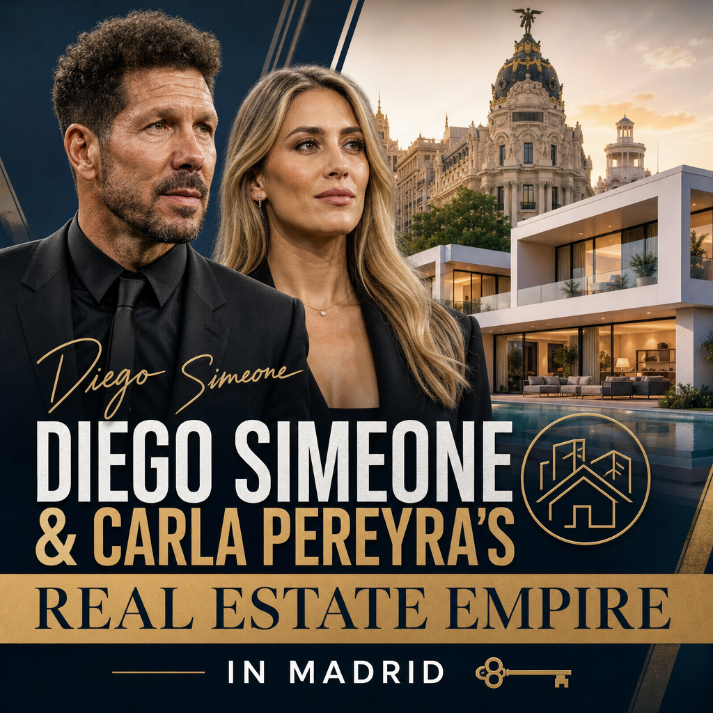 Diego Simeone and Carla Pereyra standing in front of a luxury Madrid property from their real estate empire.
